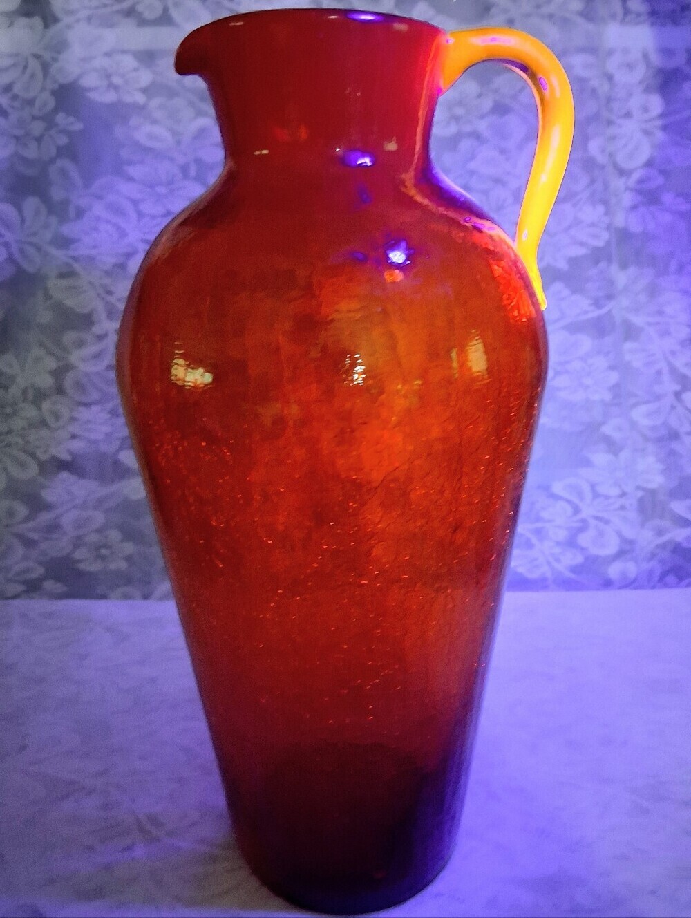 Vintage Large Pilgrim Tangerine Orange Crackle Glass Pitcher Ewer 13” UV React - Picture 5 of 17